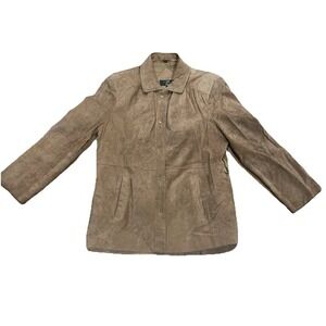 Orvis Genuine Leather Suede Jacket‎ Tan Brown Coat Medium M Button Front Pockets